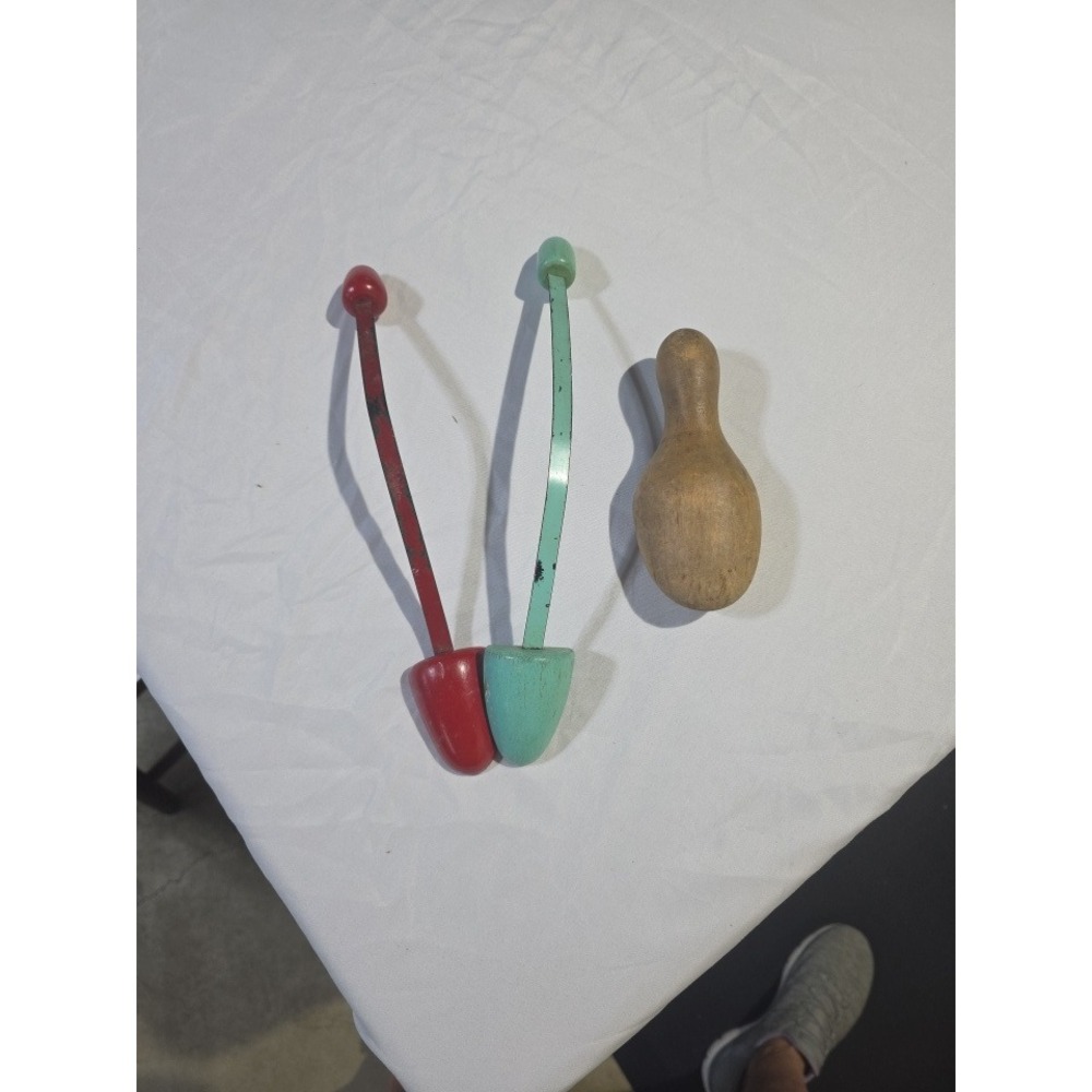 Vintage Wooden Shoe Trees Red Teal and Wood Darning Egg Mending Tool Lot of 3